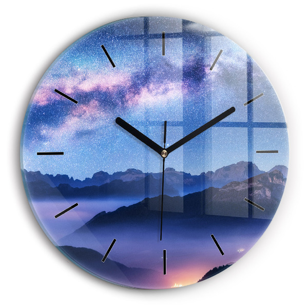 Round glass wall clock Milky Way and Mountains