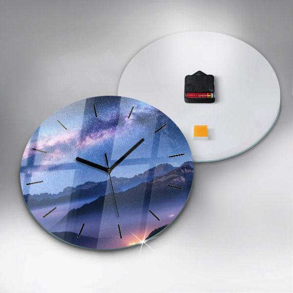 Round glass wall clock Milky Way and Mountains