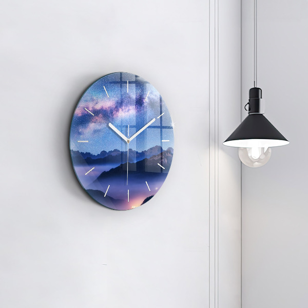 Round glass wall clock Milky Way and Mountains
