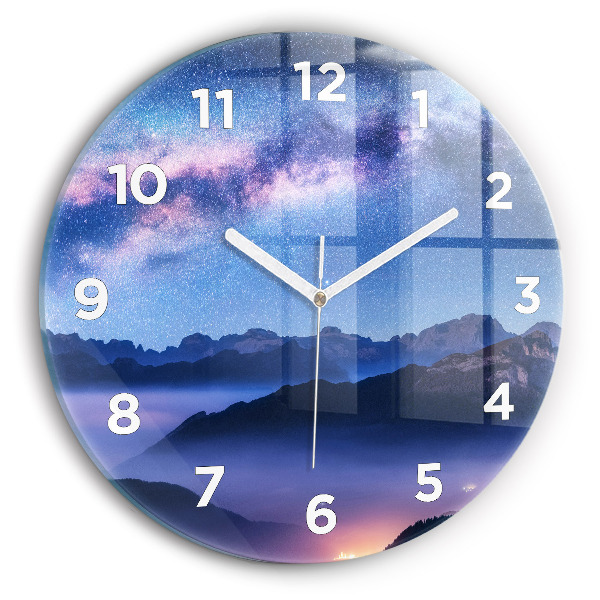 Round glass wall clock Milky Way and Mountains