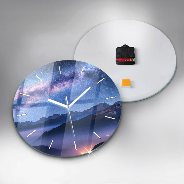 Round glass wall clock Milky Way and Mountains