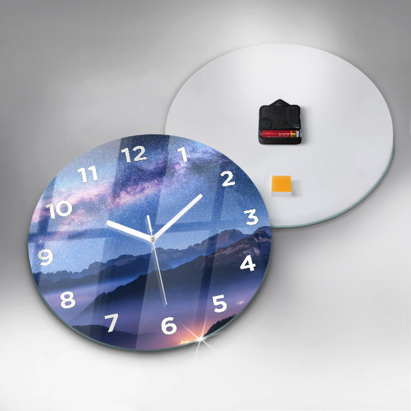 Round glass wall clock Milky Way and Mountains