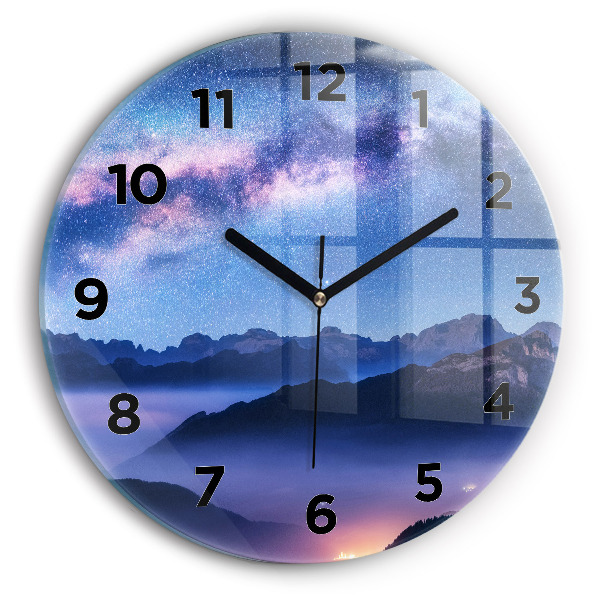 Round glass wall clock Milky Way and Mountains