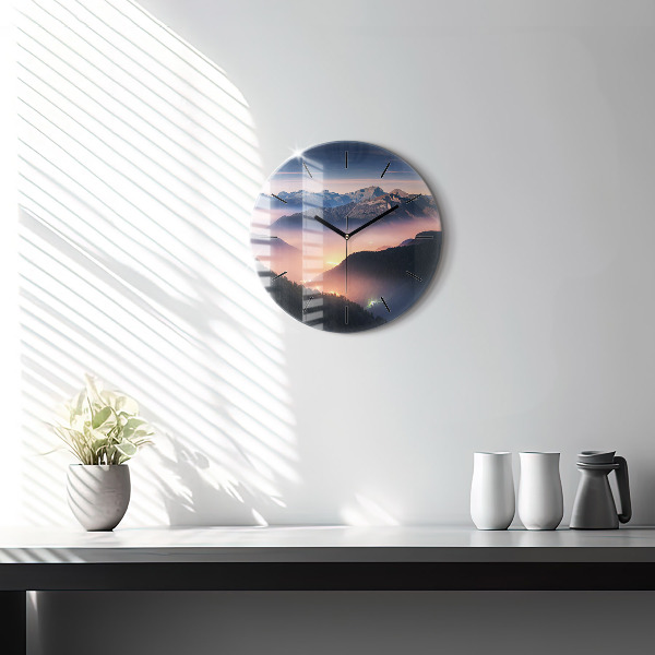 Round glass wall clock Mountain peak landscape