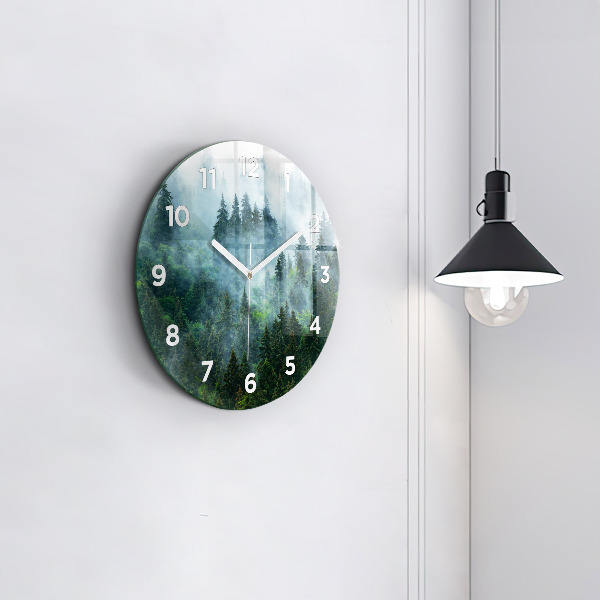 Round glass wall clock Misty forest