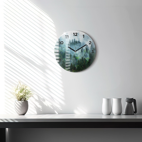 Round glass wall clock Misty forest