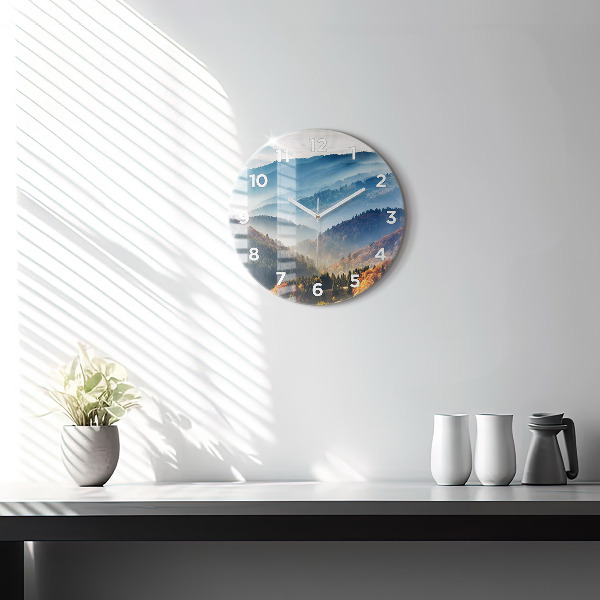 Round glass wall clock Mountain landscape