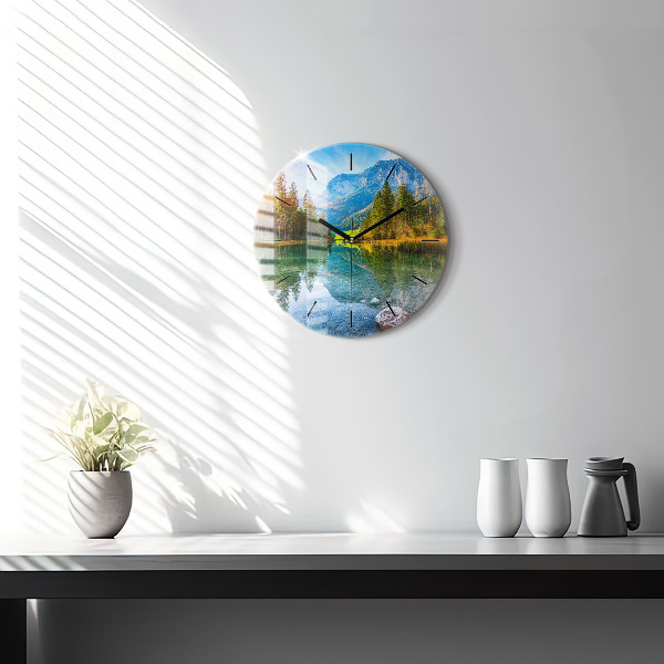 Round glass wall clock River Mountains Landscape