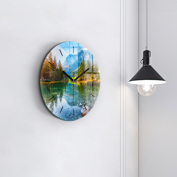Round glass wall clock River Mountains Landscape