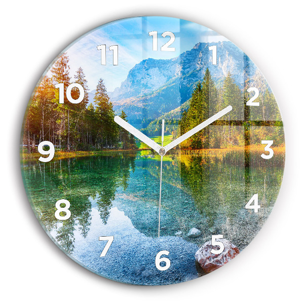 Round glass wall clock River Mountains Landscape