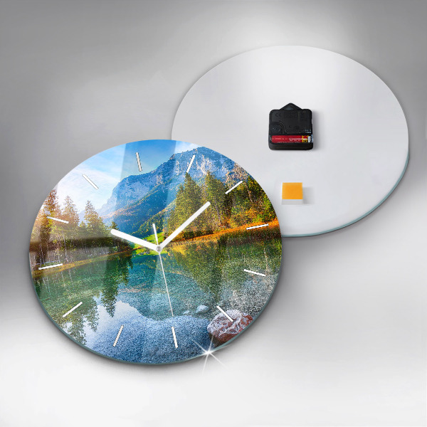 Round glass wall clock River Mountains Landscape