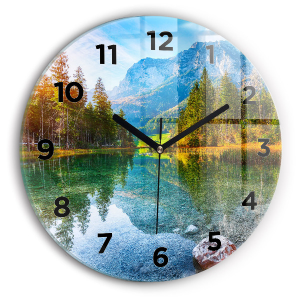 Round glass wall clock River Mountains Landscape