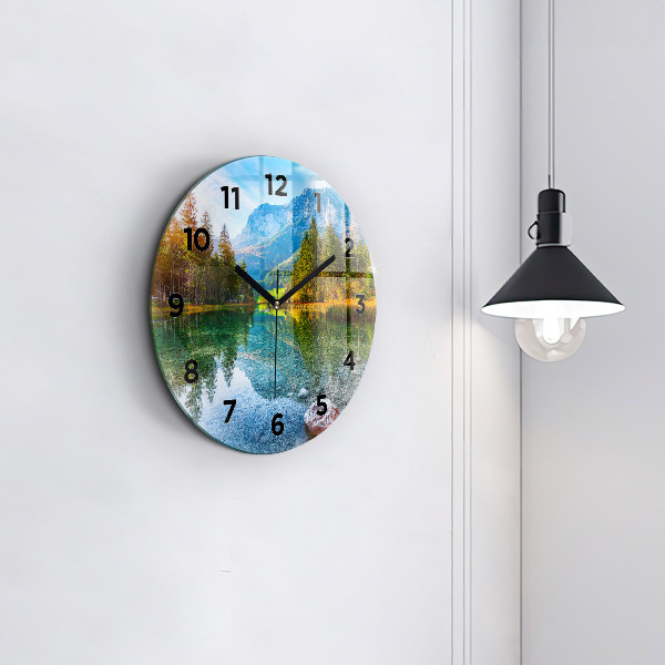 Round glass wall clock River Mountains Landscape
