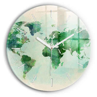 Round glass wall clock Watercolor world map
