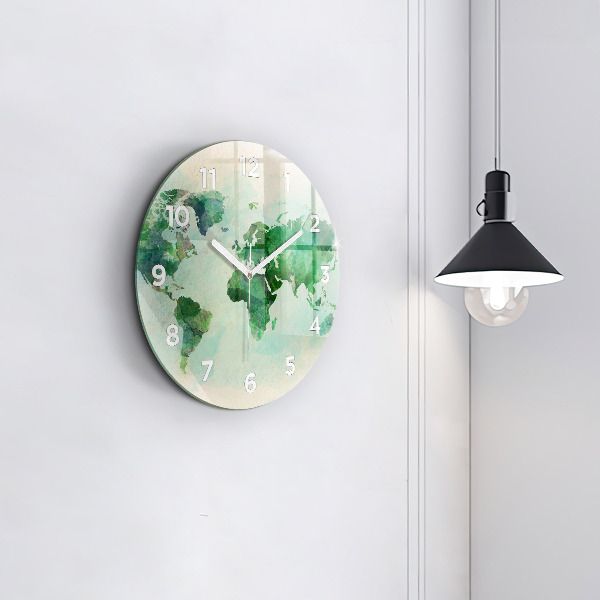 Round glass wall clock Watercolor world map