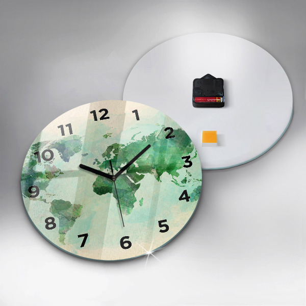 Round glass wall clock Watercolor world map