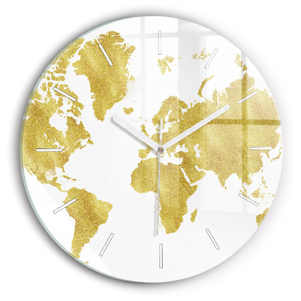 Round glass wall clock Golden map of the world