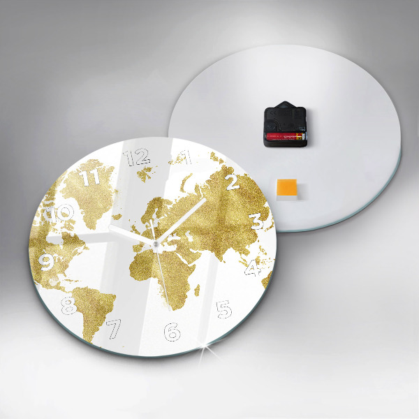 Round glass wall clock Golden map of the world