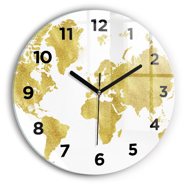 Round glass wall clock Golden map of the world