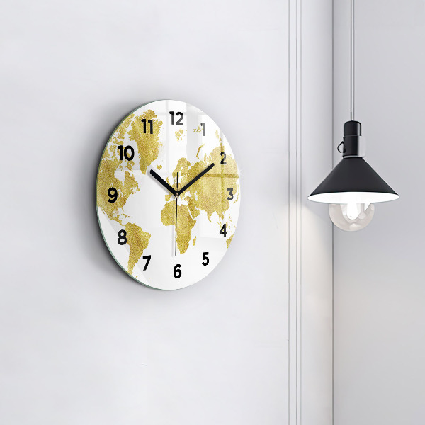 Round glass wall clock Golden map of the world