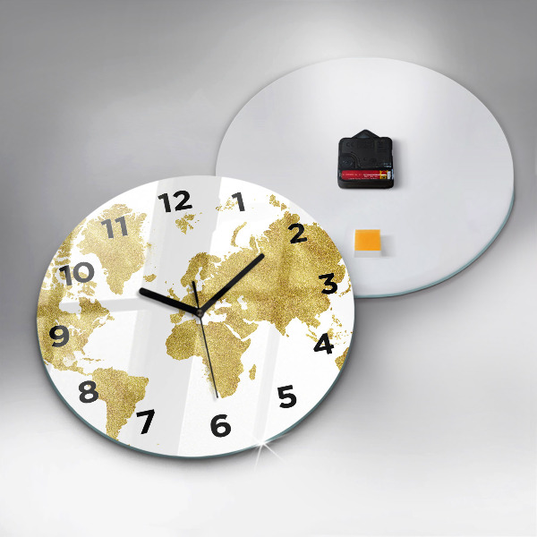 Round glass wall clock Golden map of the world