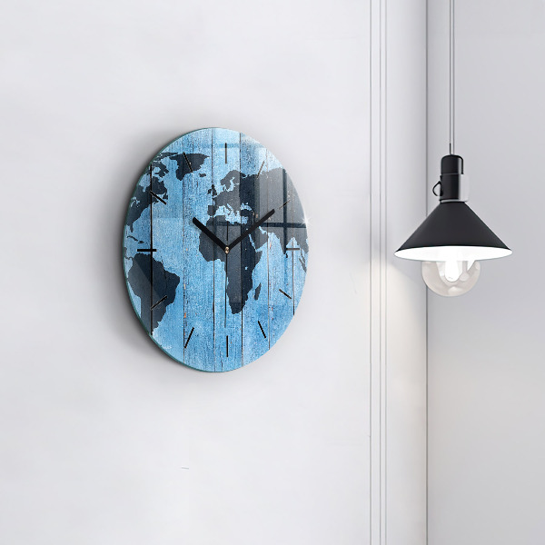 Round glass wall clock World map on boards