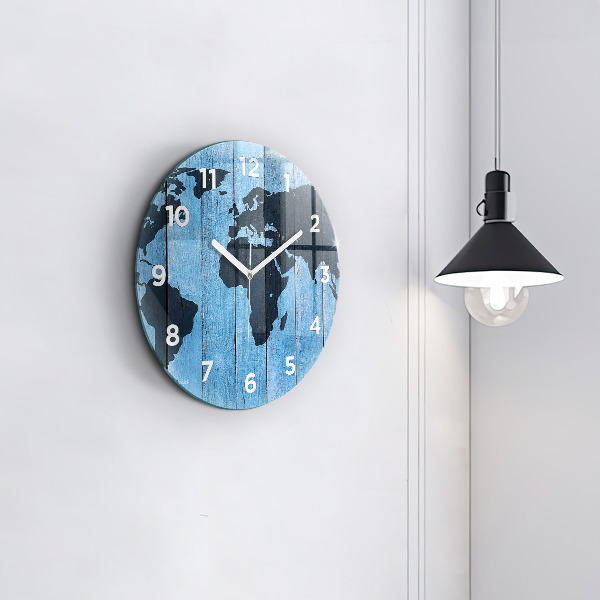 Round glass wall clock World map on boards