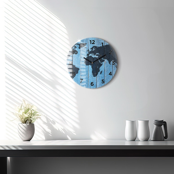 Round glass wall clock World map on boards