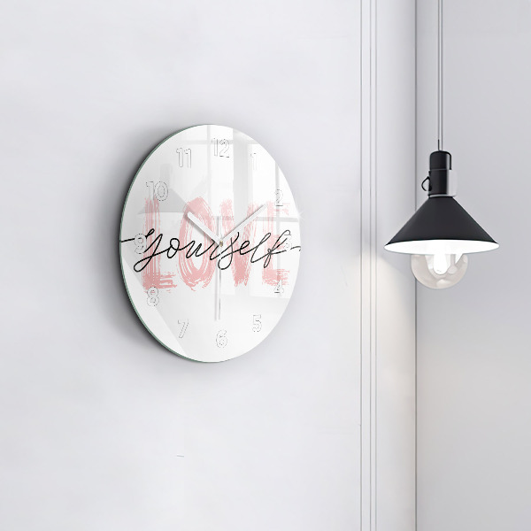 Round glass wall clock The inscription Love yourself