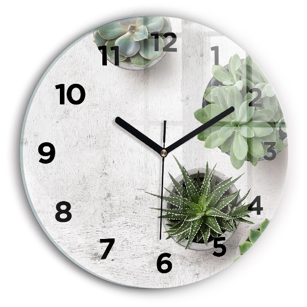 Round glass wall clock Ornamental plants