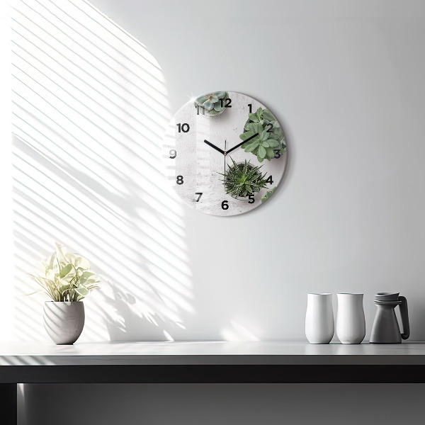 Round glass wall clock Ornamental plants