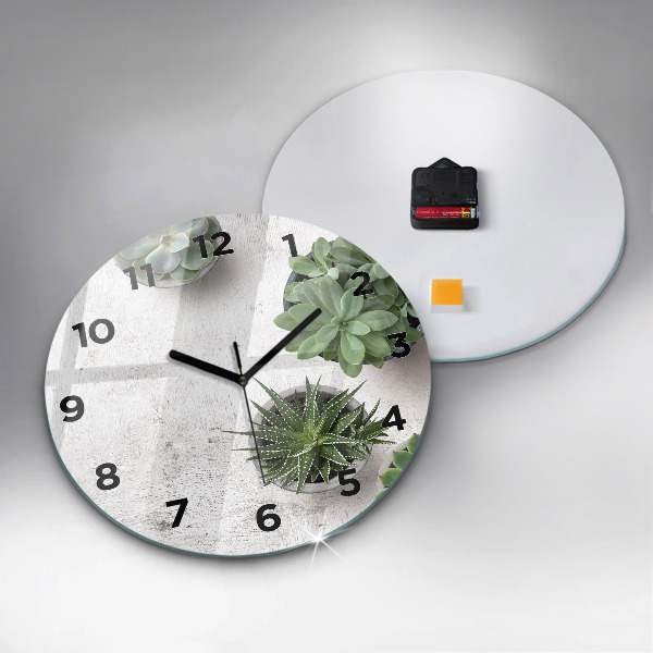 Round glass wall clock Ornamental plants
