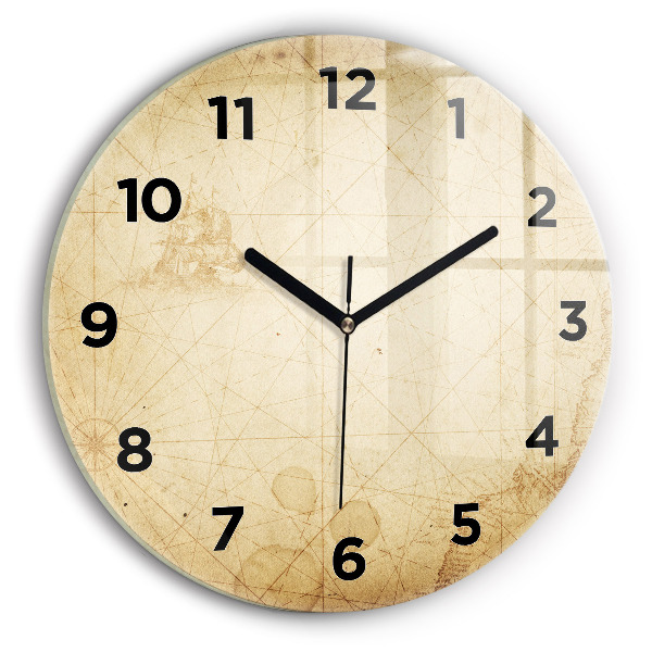 Round glass wall clock Old world map