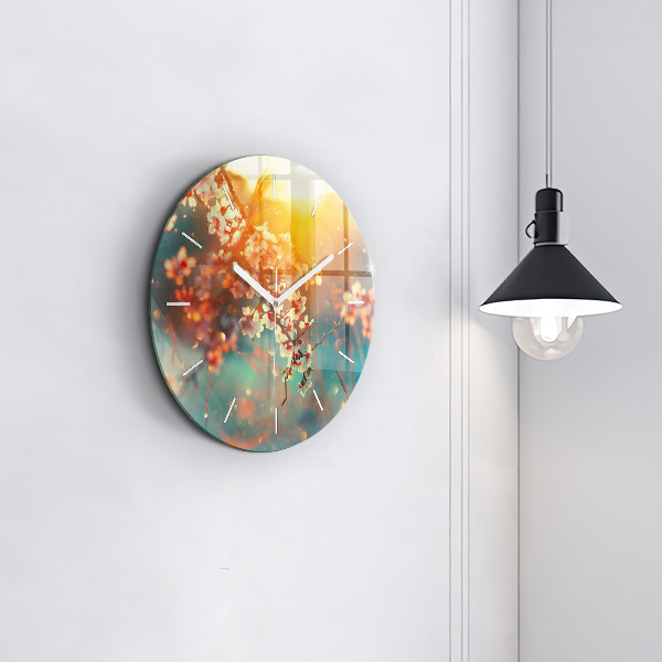 Round glass wall clock Spring flowers