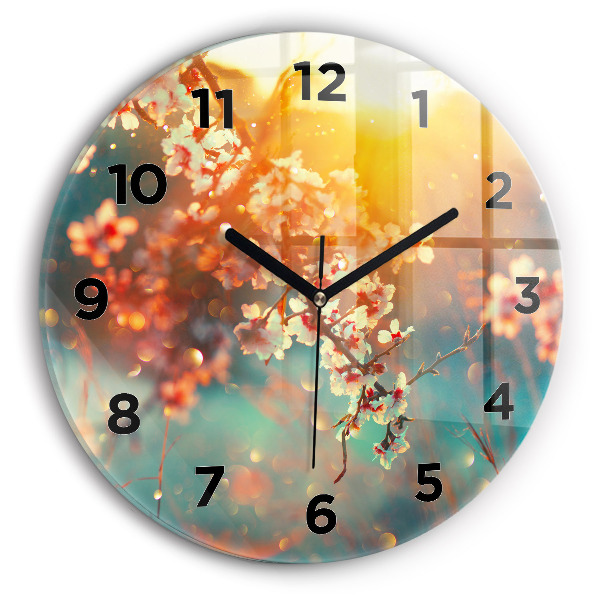 Round glass wall clock Spring flowers