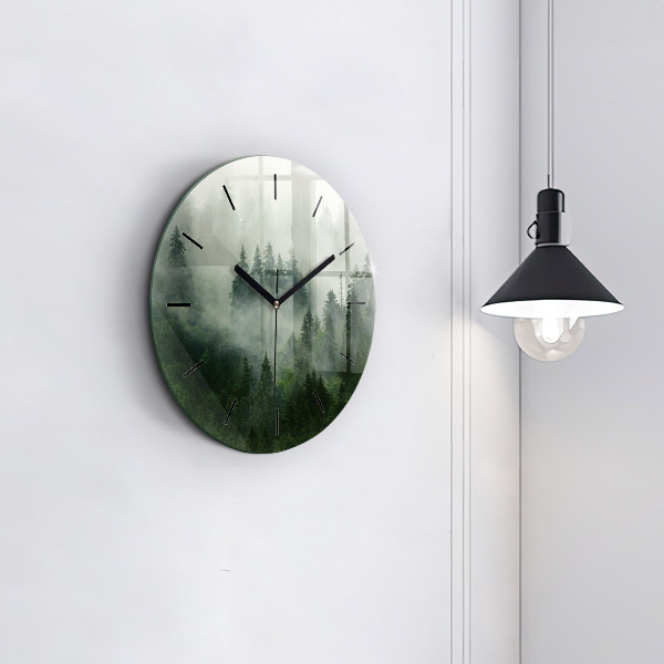 Round glass wall clock Misty forest