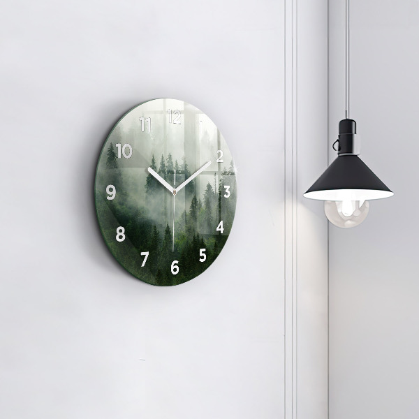 Round glass wall clock Misty forest