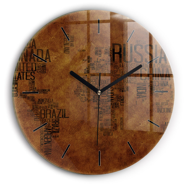 Round glass wall clock Map and country names