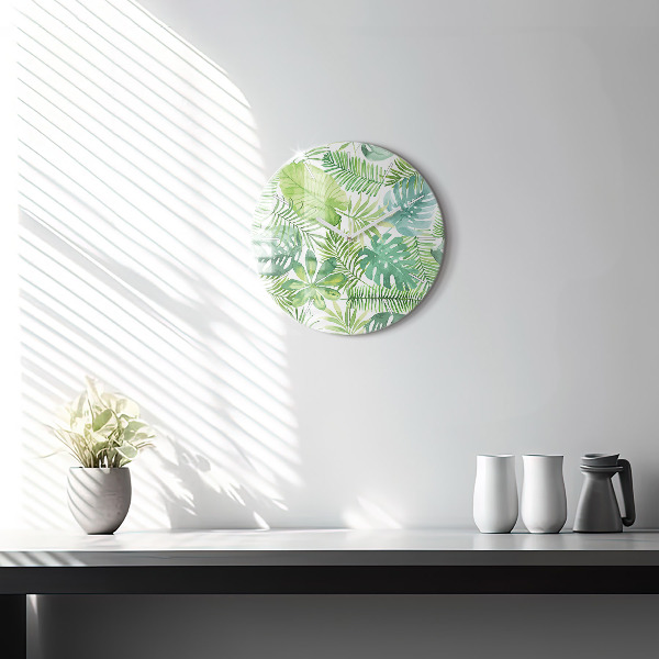 Round glass wall clock Green leaves