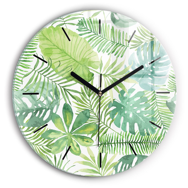 Round glass wall clock Green leaves