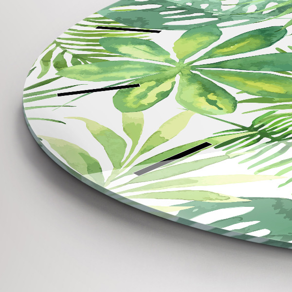 Round glass wall clock Green leaves