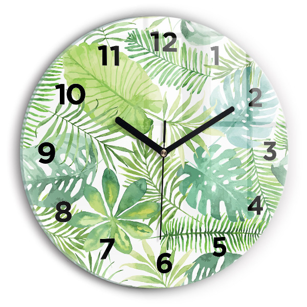 Round glass wall clock Green leaves