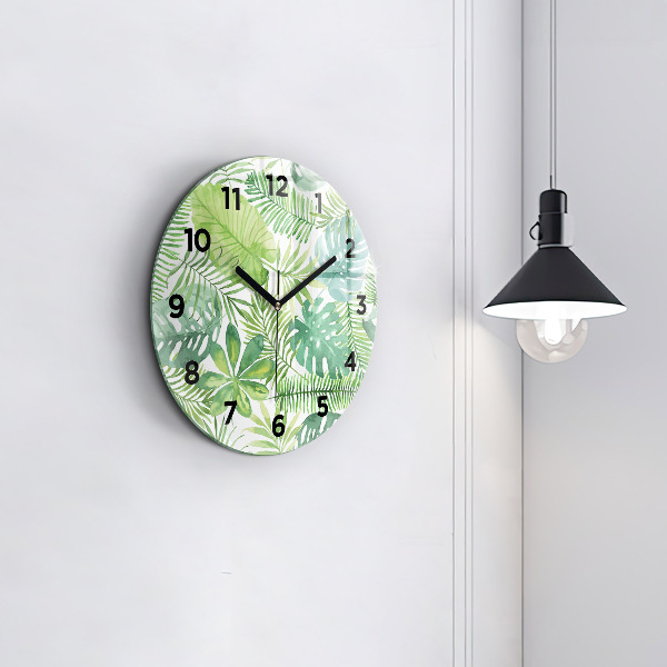 Round glass wall clock Green leaves