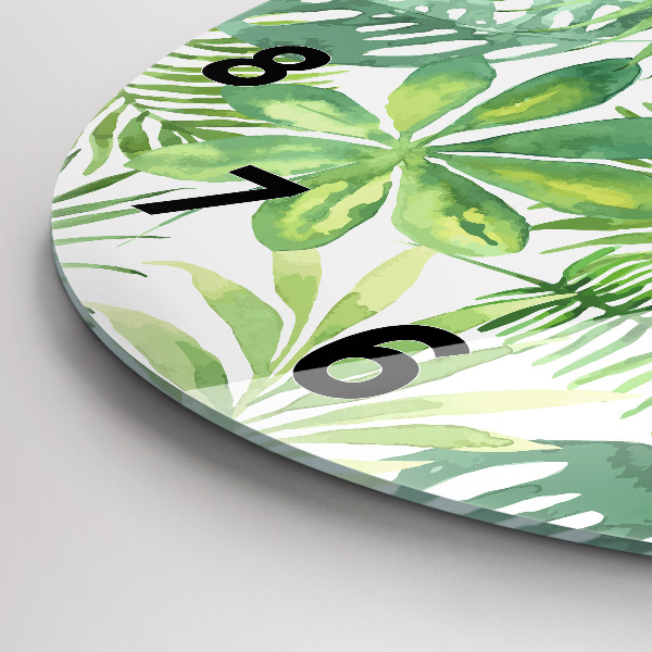 Round glass wall clock Green leaves