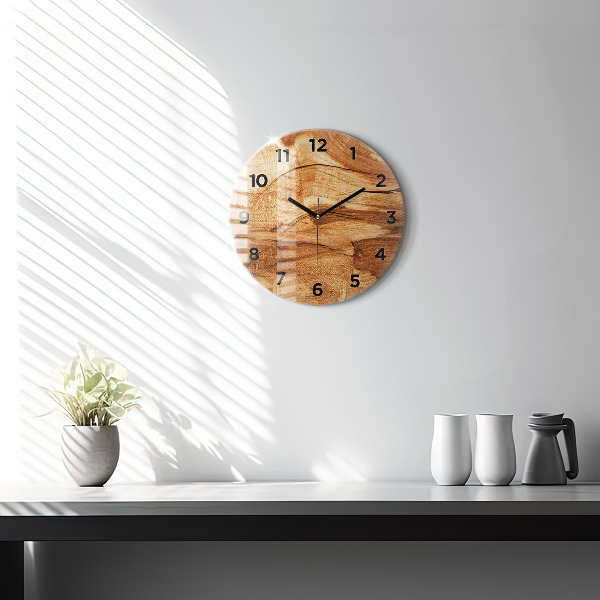 Round glass wall clock Wood texture