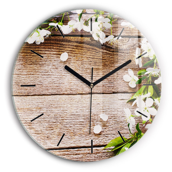 Round glass wall clock Flowers on wood