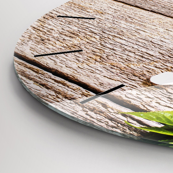 Round glass wall clock Flowers on wood