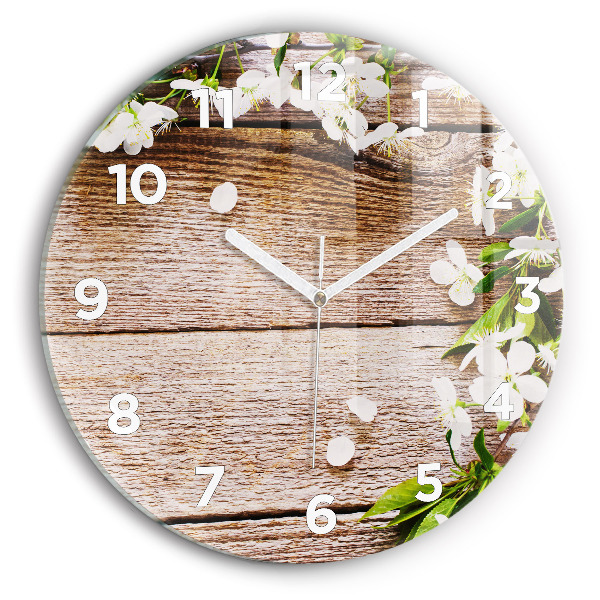 Round glass wall clock Flowers on wood