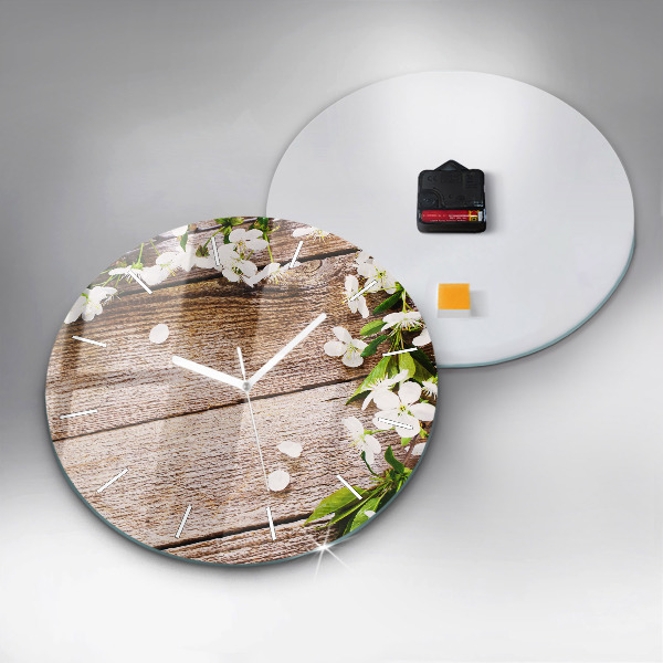 Round glass wall clock Flowers on wood