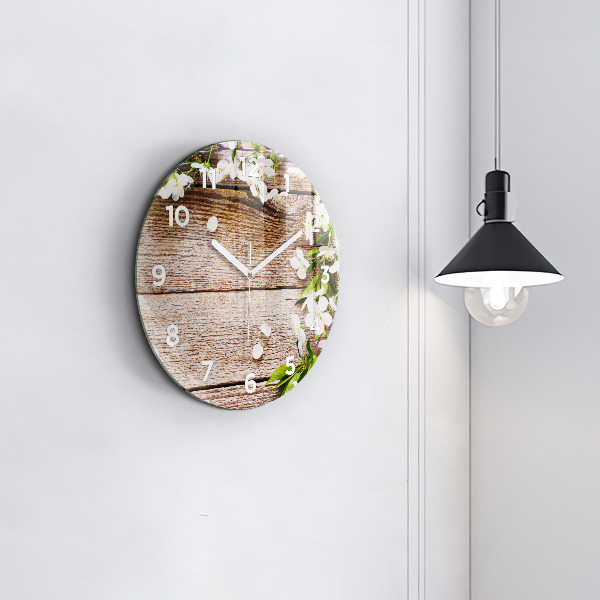 Round glass wall clock Flowers on wood